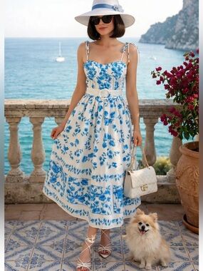 ZARA NEW FLORAL POPLIN PRINT MIDI DRESS BELT BLUE/ WHITE